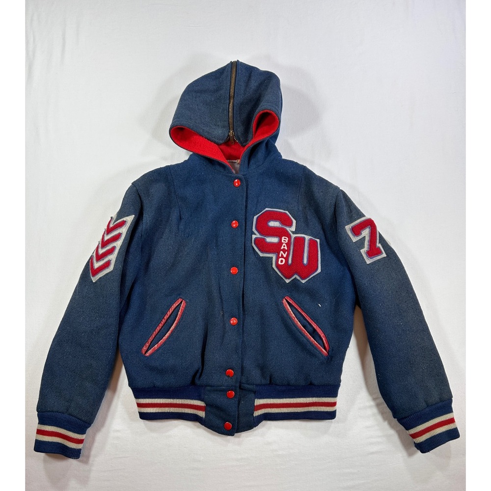 Vintage SW Band Varsity Jacket Blue Wool Zip Hood Letterman Bomber Mens Medium